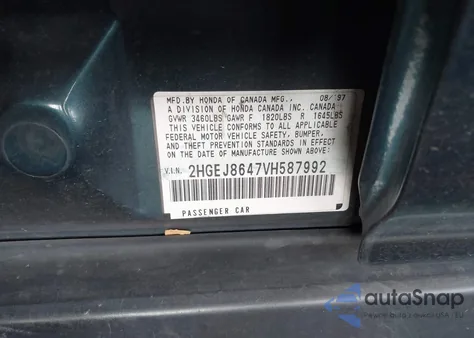 1997 Honda Civic Ex z USA, uszkodzony, nr VIN 2HGEJ8647VH587992